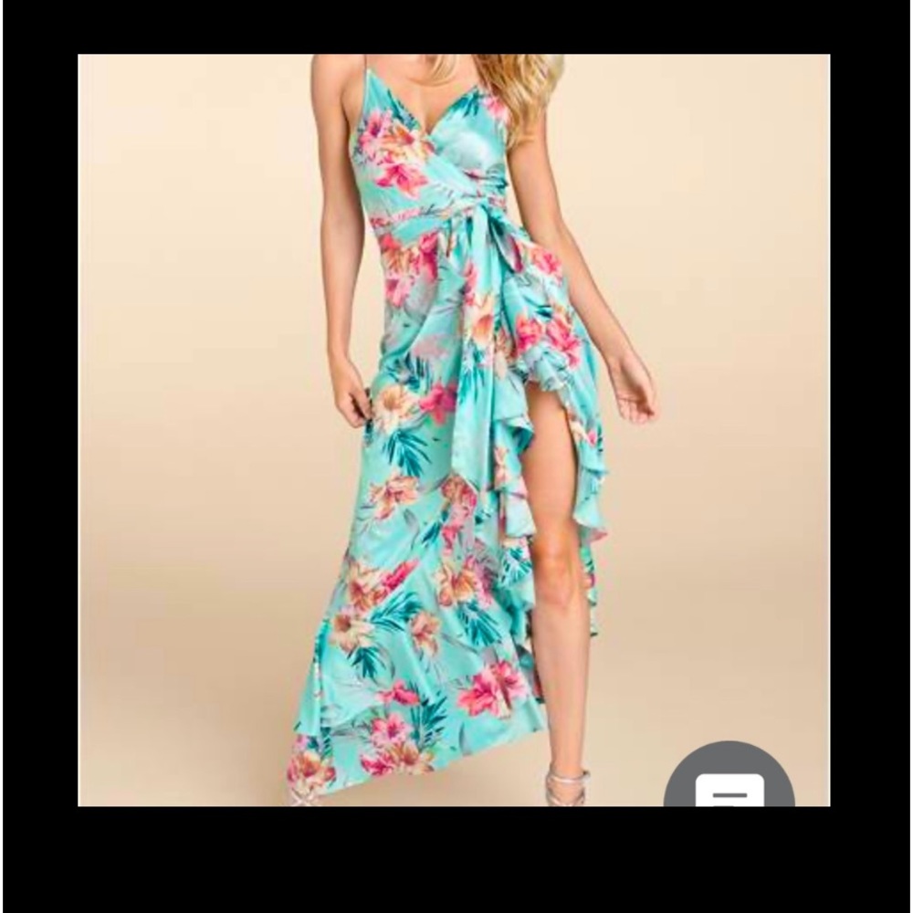 Venus Turquoise Ruffle Wrap Slit Floral Dress Sz 6